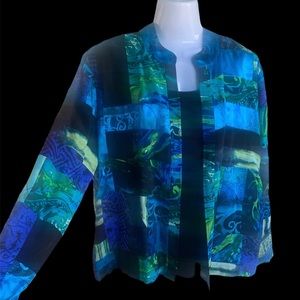 CHICOs Silk Jacket, Blue, Green, Black, Medium.
